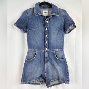 Zara Blue Denim Short-Sleeve Romper‎